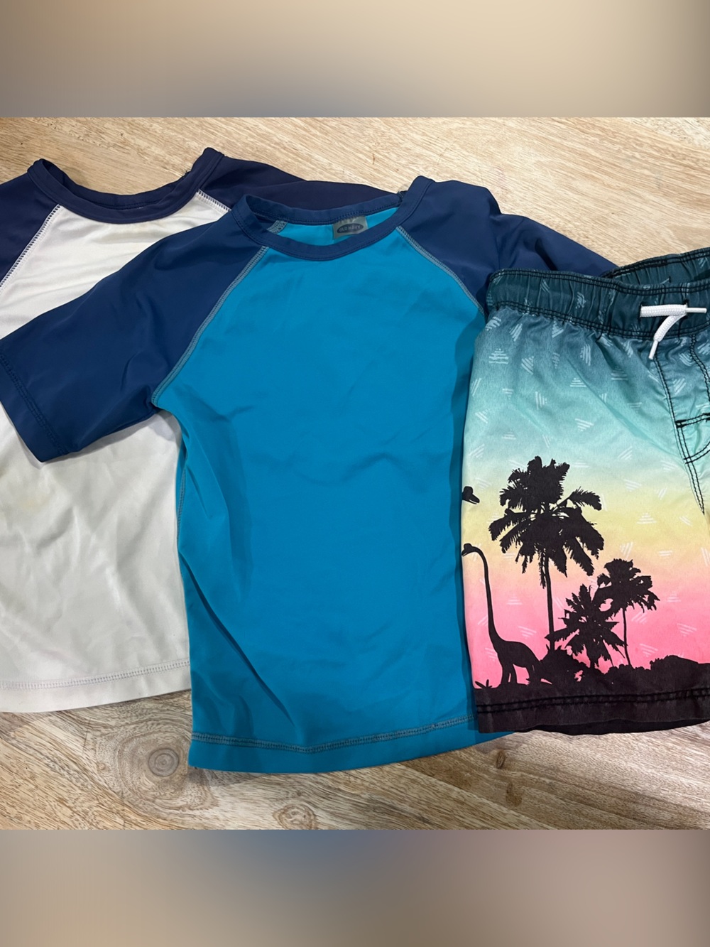 Old Navy Teal & Navy Short-Sleeve Rash Guard with Tropical Ombre Swim Shorts